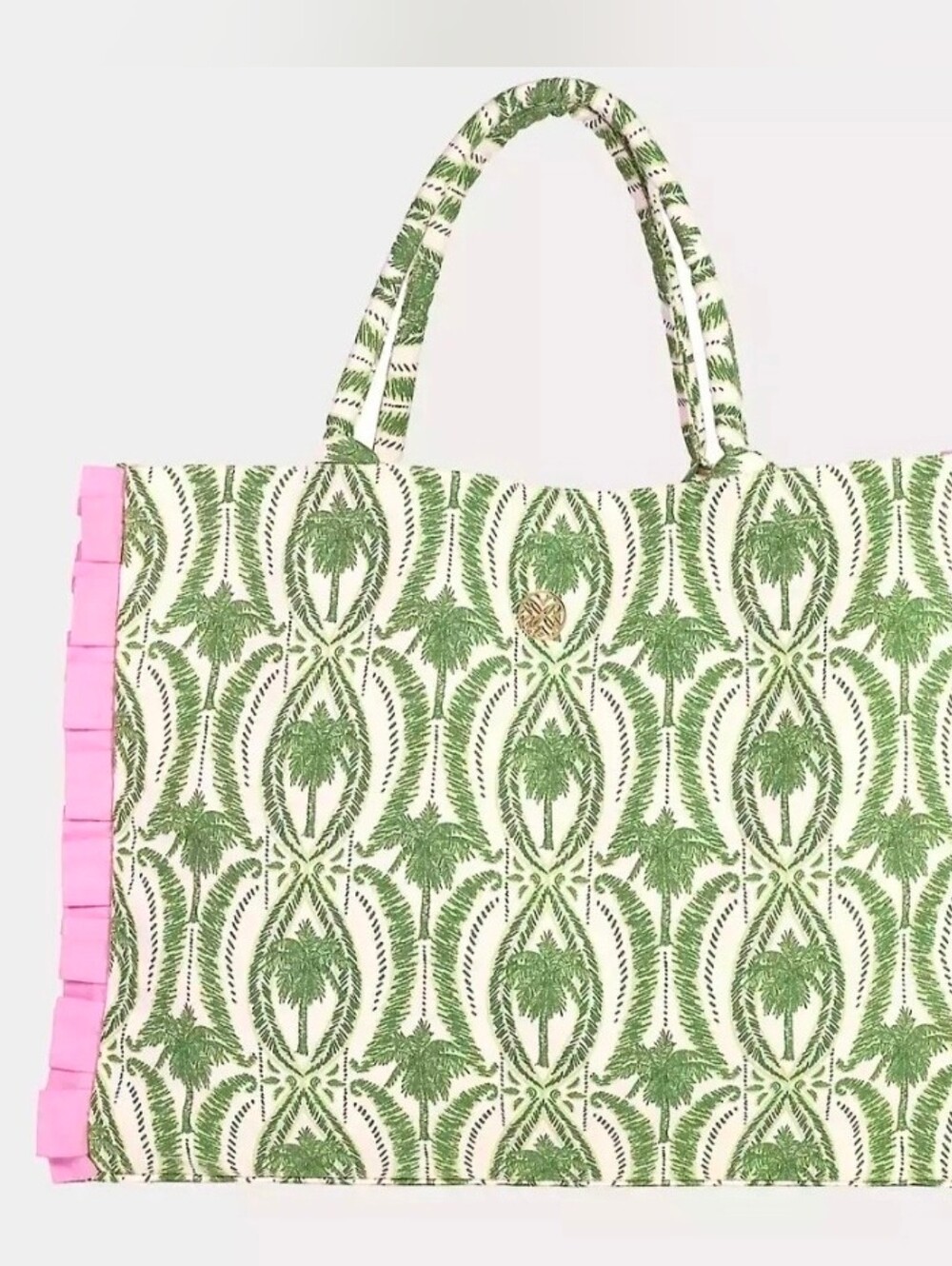Lilly Pulitzer Green Patterned Tote with Pink Ruffle Sides
